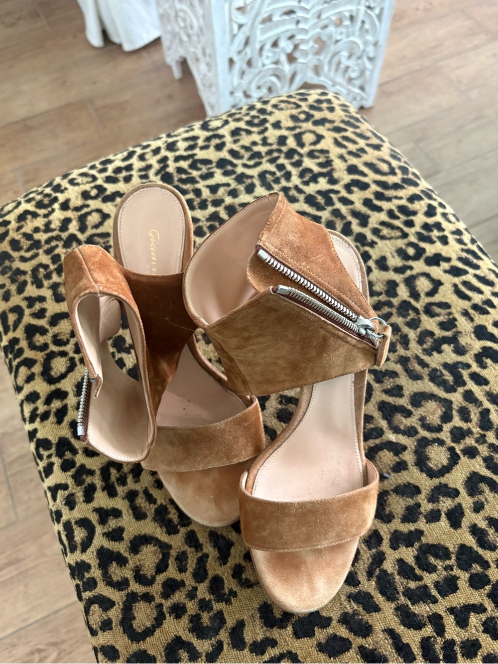 Gianvito Rossi Tan Suede 4 inch Heel Sandals with Zip Accent -6.5
